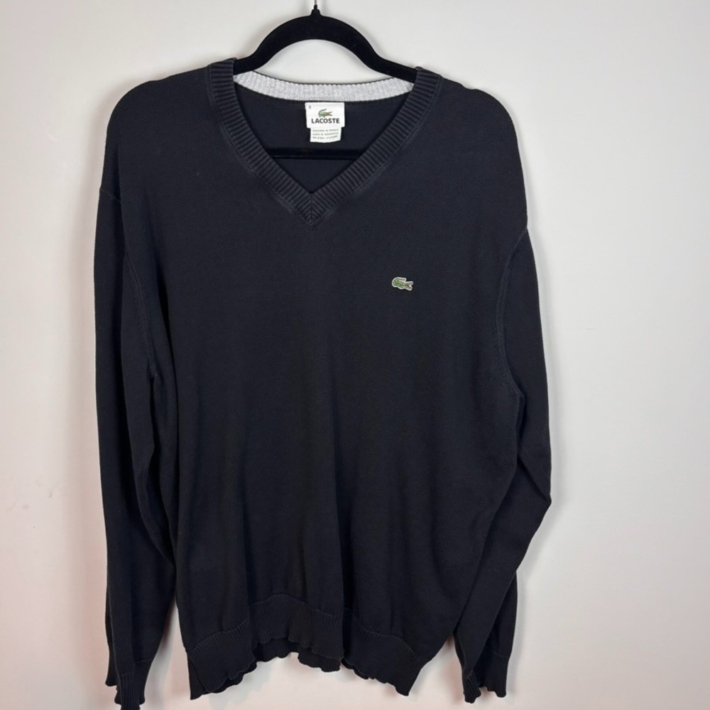 Lacoste Alligator Cotton V Neck Black Casual Knit Mens pullover sweater sz 6 /XL